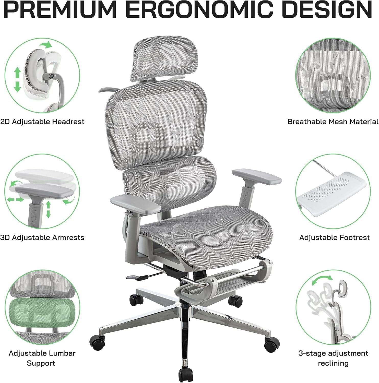 Mesh Ergonomic Office Chair with Footrest,High Back Mesh Gaming Chair with Lumbar Support,Adjustable Headrest and Armrests for Home Office Desk Chair (Modern, Grey)
