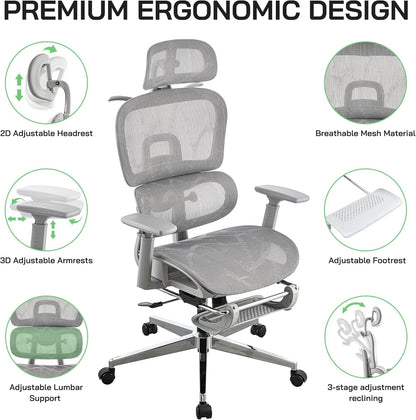 Mesh Ergonomic Office Chair with Footrest,High Back Mesh Gaming Chair with Lumbar Support,Adjustable Headrest and Armrests for Home Office Desk Chair (Modern, Grey)