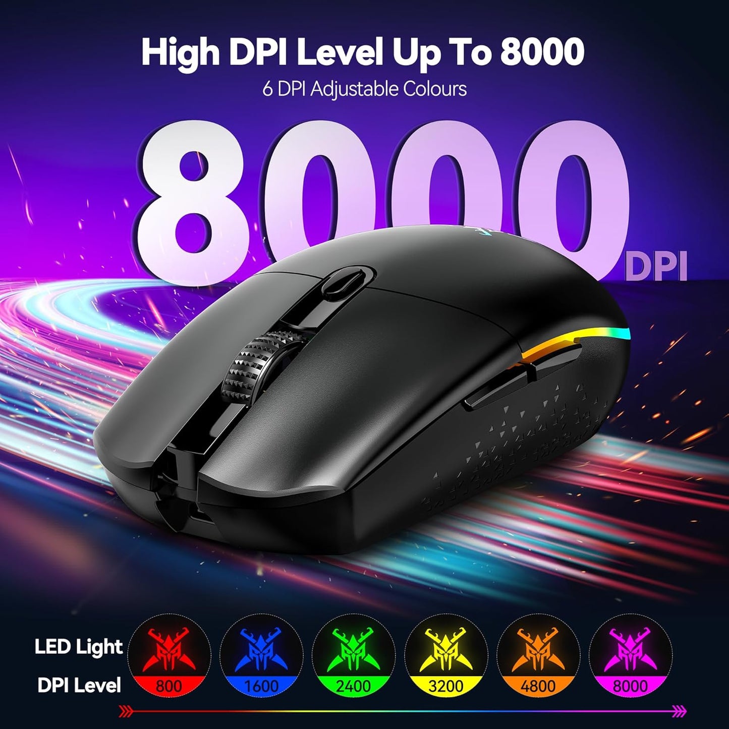 Wireless Gaming Mouse Rechargeable - 8000 DPI, Long-Lasting 100Hrs Battery, RGB Backlit, 6 Programmable Buttons, Dual Connectivity (2.4G + USB-C) for PC, Mac, Laptop - Black