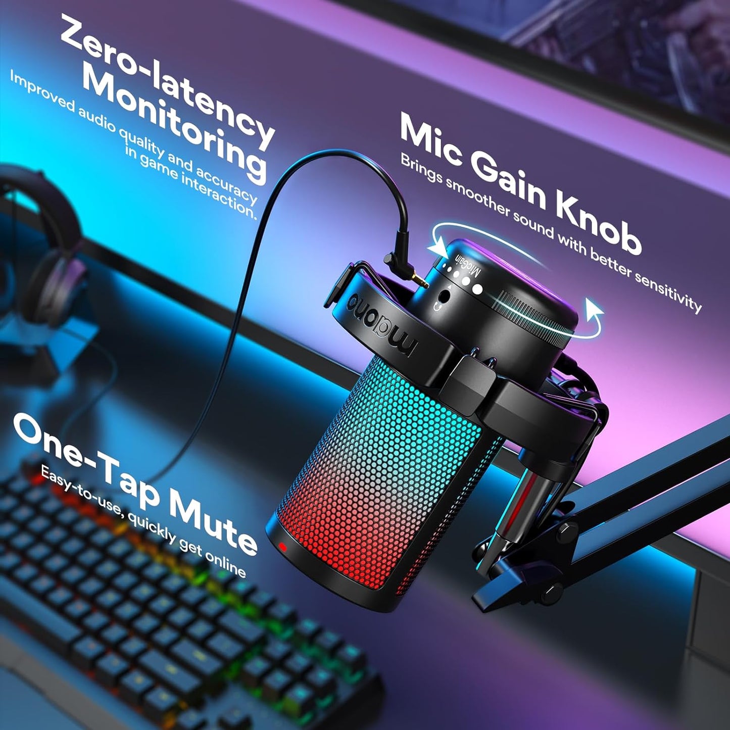 Gaming USB Microphone, Noise Cancellation Condenser Mic with Mute, Gain, Monitoring, Boom Arm Mic for Streaming, Podcast, Twitch, Youtube, Discord, PC, Computer, PS4, PS5, Mac, Gamerwave DGM20S