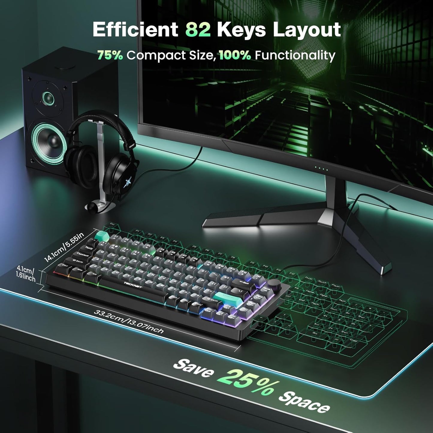 Gaming Keyboard, 75% Wired Keyboard, RGB Backlit, 82-Keys with Volume Knob Control, 26 Keys Anti-Ghosting, Whisper Quiet Gaming Switch Travel Friendly for Windows Laptop PC Mac-Grey