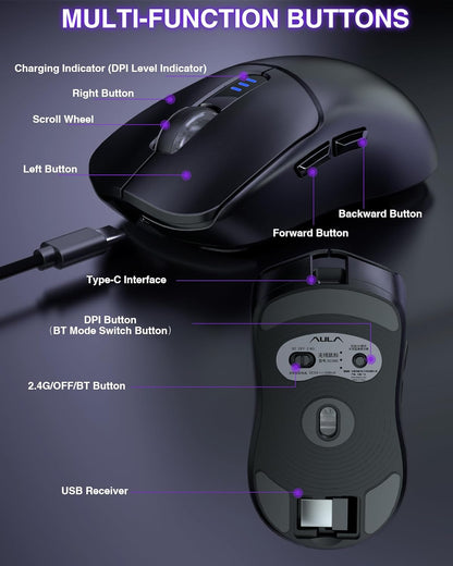 SC580 Wireless Gaming Mouse, Tri-Mode 2.4G/BT5.0/USB-C Gaming Mouse, 12000 DPI Rechargeable Wireless Mouse with 6 Programmable Buttons, Ergonomic Computer Mouse for Laptop/Pc/Mac/Tablet