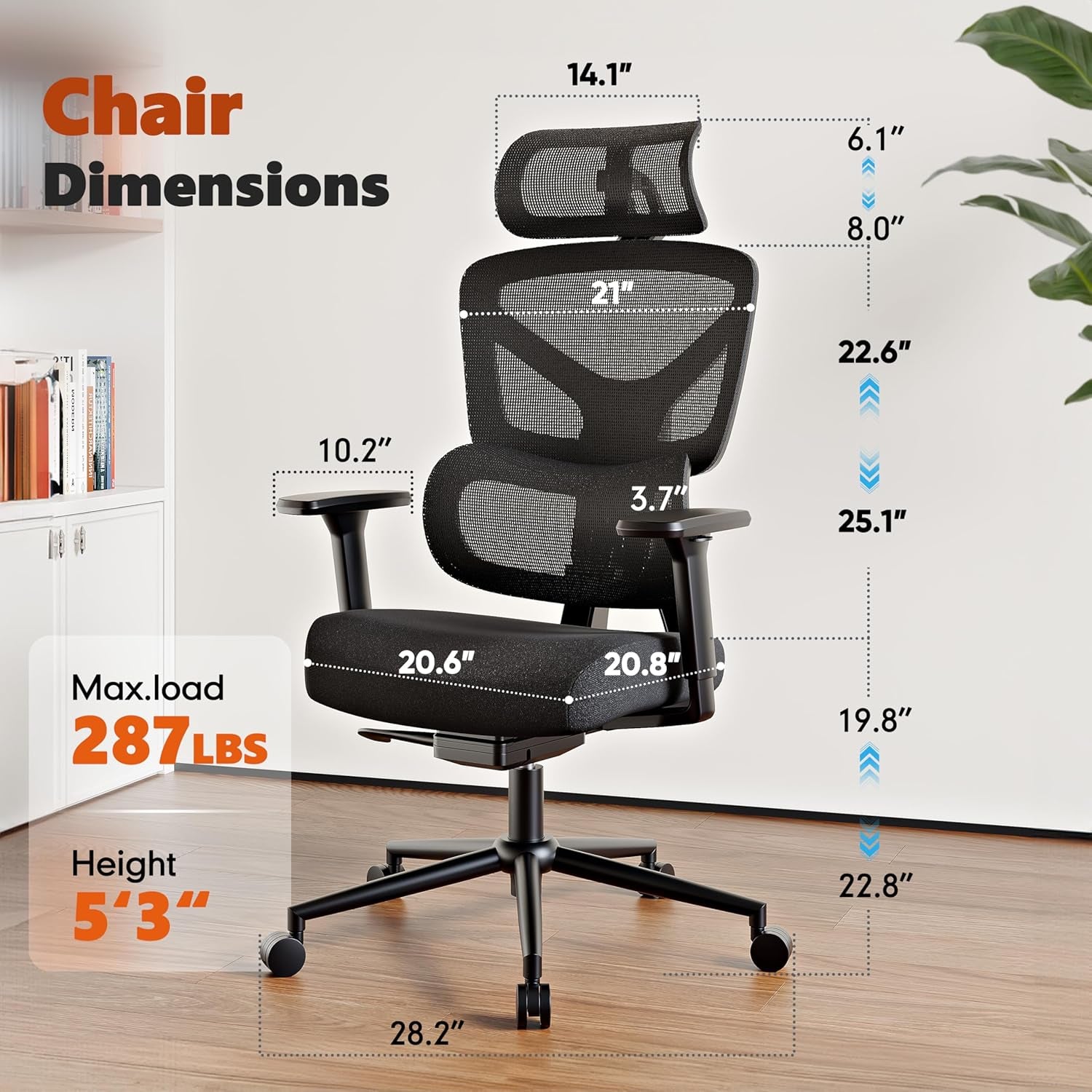 Ergonomic Office Chair, High Back Mesh Desk Chair with 4-Position Height Adjustable Back, 3D Armrests, Adaptive Lumbar Support, 3-Level Tilt Function, 3D Headrest, Comfy Computer Gaming Chairs