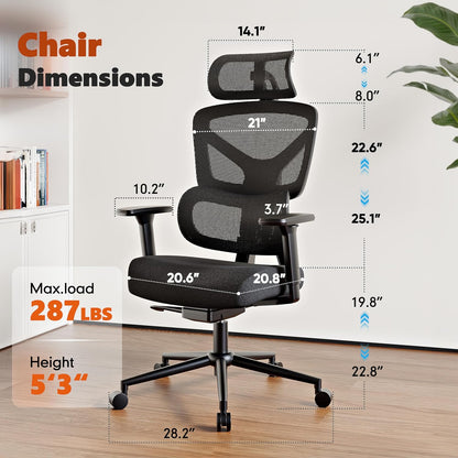 Ergonomic Office Chair, High Back Mesh Desk Chair with 4-Position Height Adjustable Back, 3D Armrests, Adaptive Lumbar Support, 3-Level Tilt Function, 3D Headrest, Comfy Computer Gaming Chairs