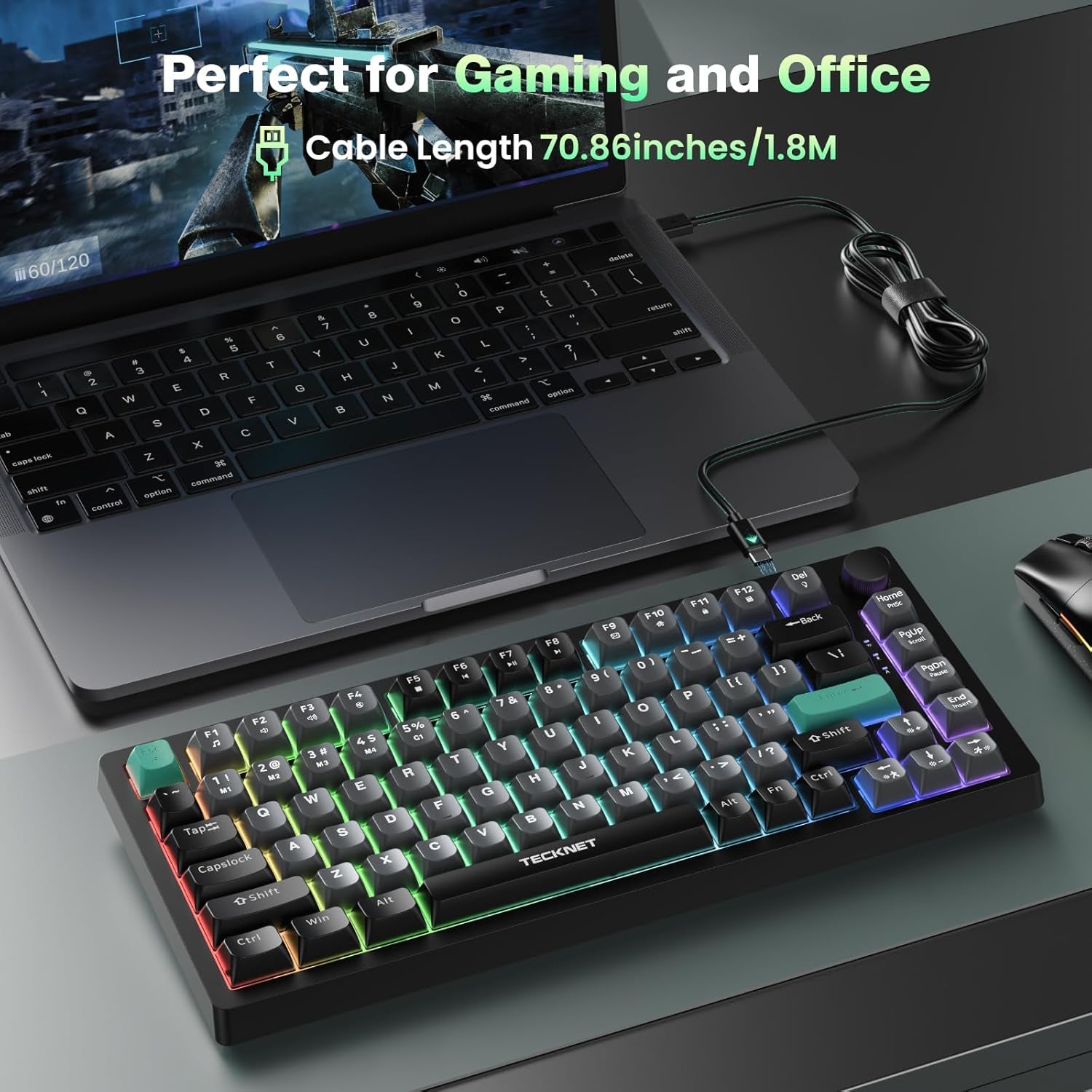Gaming Keyboard, 75% Wired Keyboard, RGB Backlit, 82-Keys with Volume Knob Control, 26 Keys Anti-Ghosting, Whisper Quiet Gaming Switch Travel Friendly for Windows Laptop PC Mac-Grey