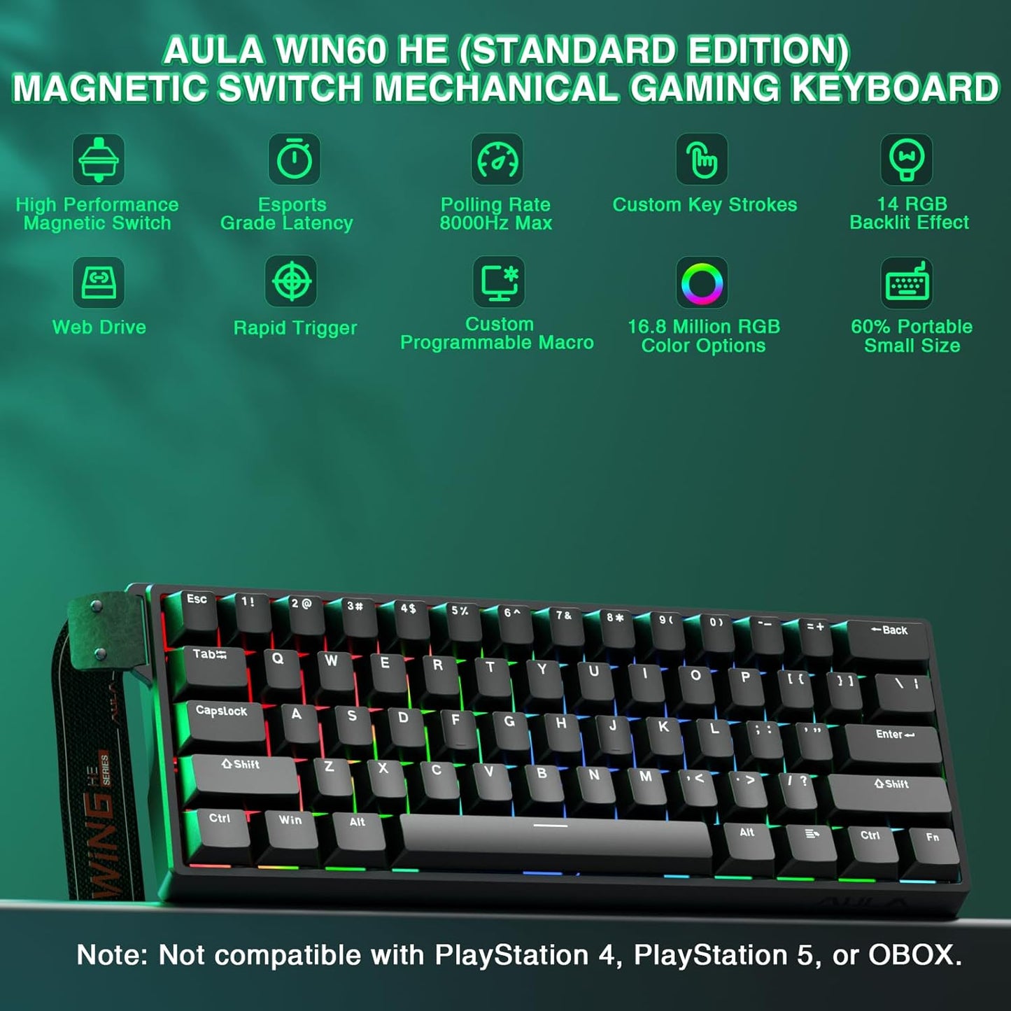 WIN60 HE - 60% Mechanical Gaming Keyboard Wired, Magnetic Switch Hot Swappable, Adjustable Actuation Rapid Trigger Mode, 8000 Hz Polling Rate, RGB Small Keyboard 60 Percent Compact Design for PC