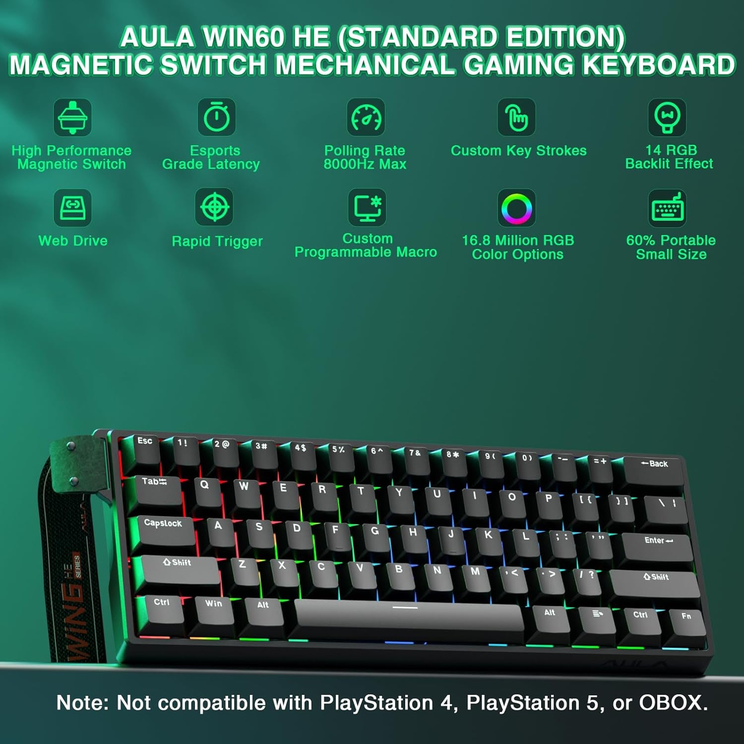 WIN60 HE - 60% Mechanical Gaming Keyboard Wired, Magnetic Switch Hot Swappable, Adjustable Actuation Rapid Trigger Mode, 8000 Hz Polling Rate, RGB Small Keyboard 60 Percent Compact Design for PC