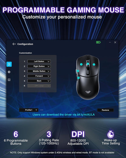 SC580 Wireless Gaming Mouse, Tri-Mode 2.4G/BT5.0/USB-C Gaming Mouse, 12000 DPI Rechargeable Wireless Mouse with 6 Programmable Buttons, Ergonomic Computer Mouse for Laptop/Pc/Mac/Tablet