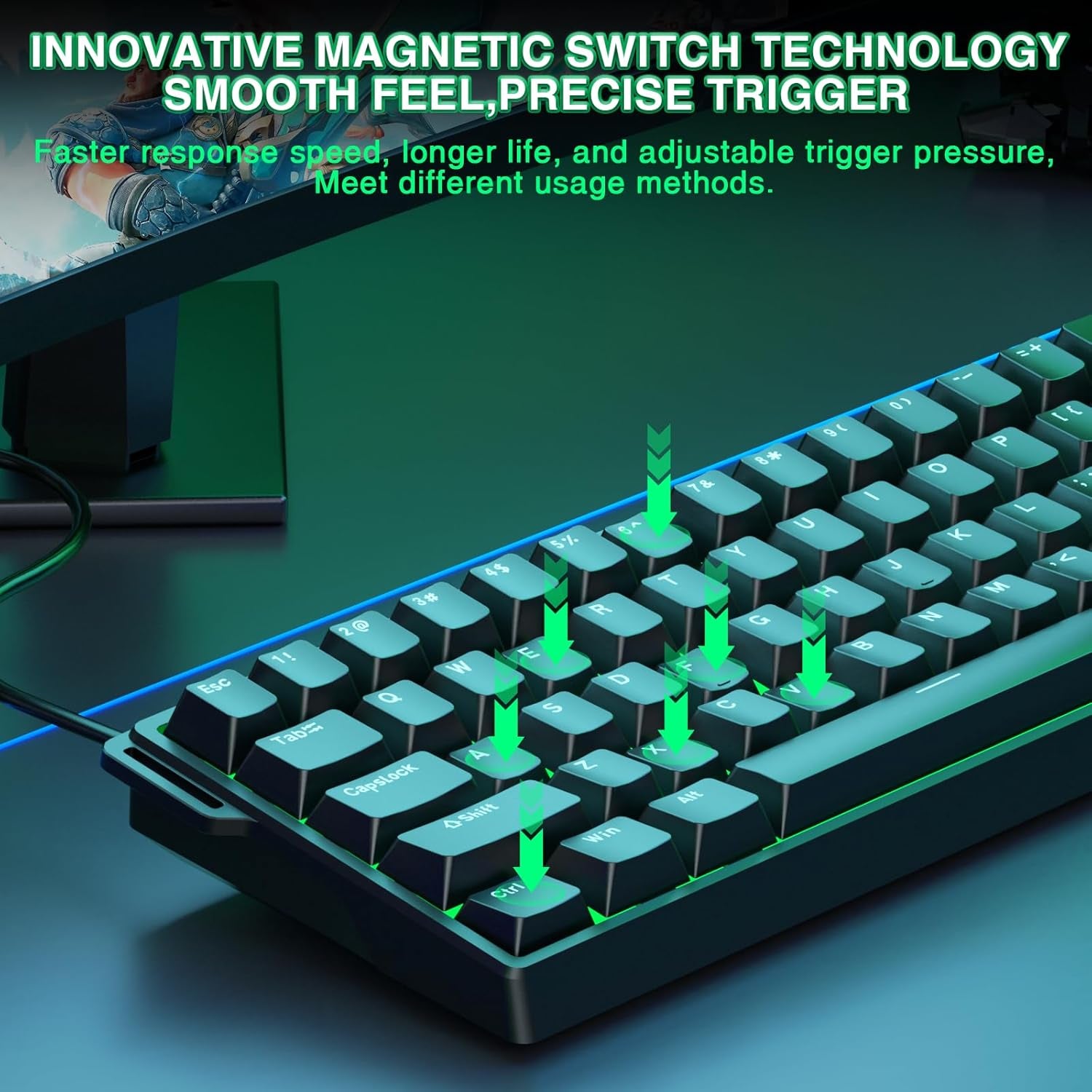 WIN60 HE - 60% Mechanical Gaming Keyboard Wired, Magnetic Switch Hot Swappable, Adjustable Actuation Rapid Trigger Mode, 8000 Hz Polling Rate, RGB Small Keyboard 60 Percent Compact Design for PC