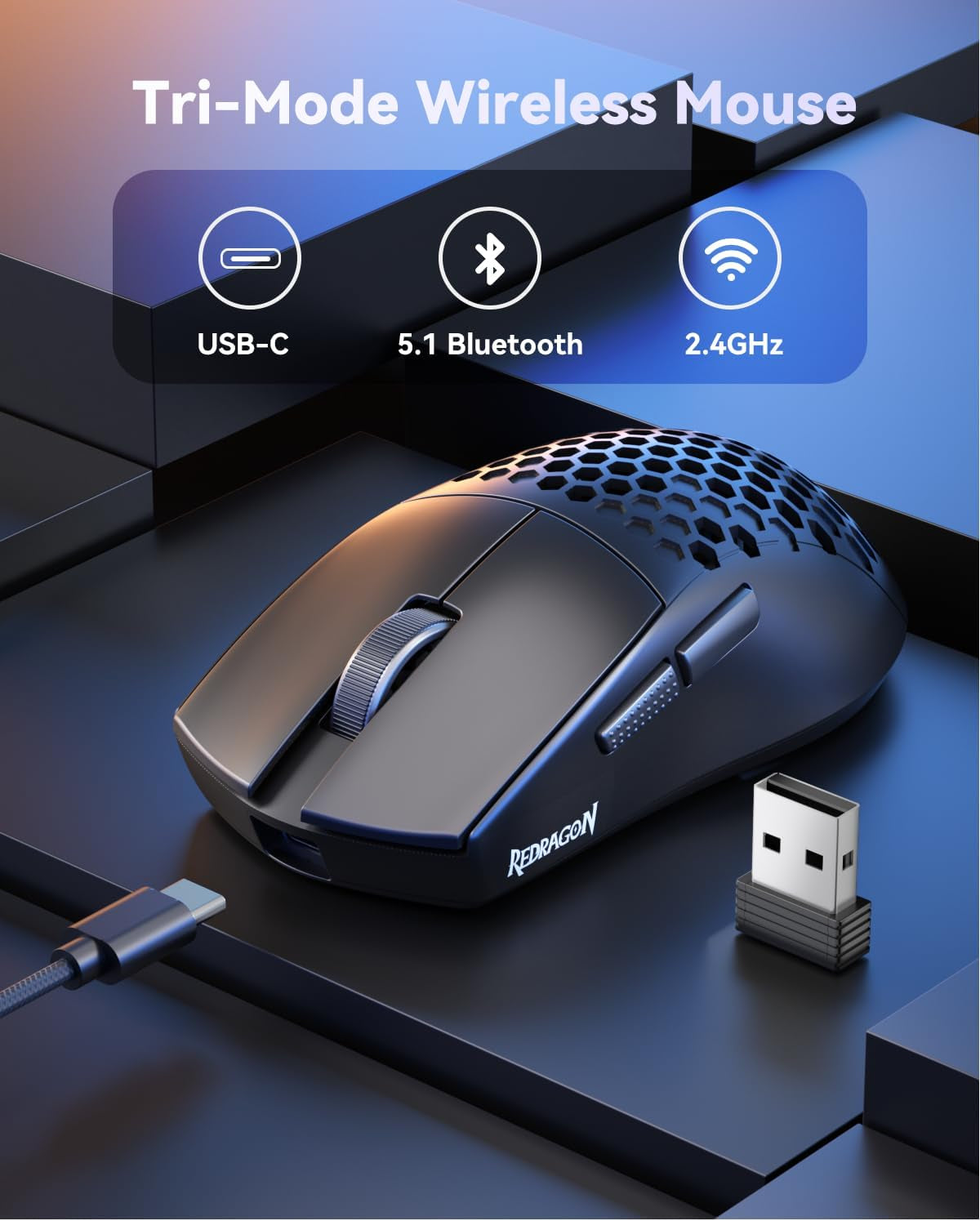 M725 Honeycomb Shell Gaming Mouse Wireless, Ultra Lightweight 49G, 8000 DPI Tri-Mode Bt5.1/2.4Ghz/Type-C Wired Gamer Mouse with 2 Side Buttons, Macro Programmable for Pc/Mac/Laptop, Black