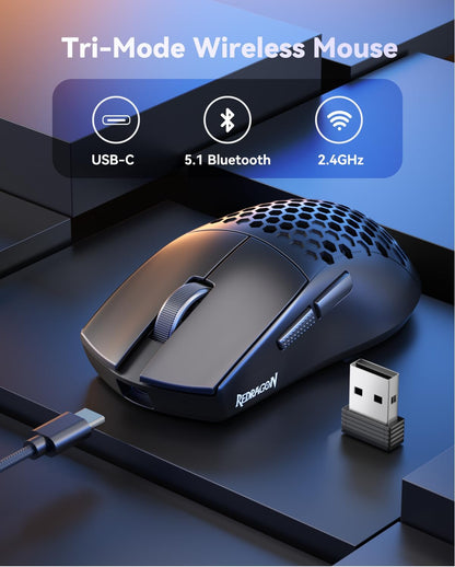 M725 Honeycomb Shell Gaming Mouse Wireless, Ultra Lightweight 49G, 8000 DPI Tri-Mode Bt5.1/2.4Ghz/Type-C Wired Gamer Mouse with 2 Side Buttons, Macro Programmable for Pc/Mac/Laptop, Black