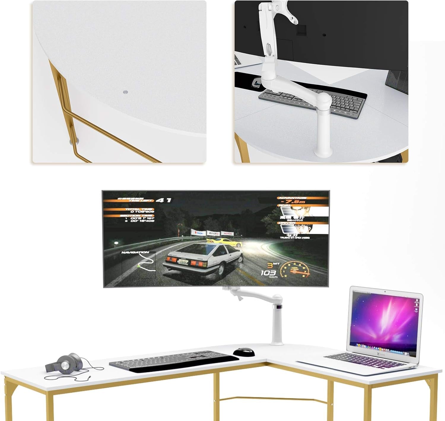Reversible L Shaped Desk White - 57.9" Corner Gaming Computer Desk, Office Workstation Modern Home Study Writing Wooden Table