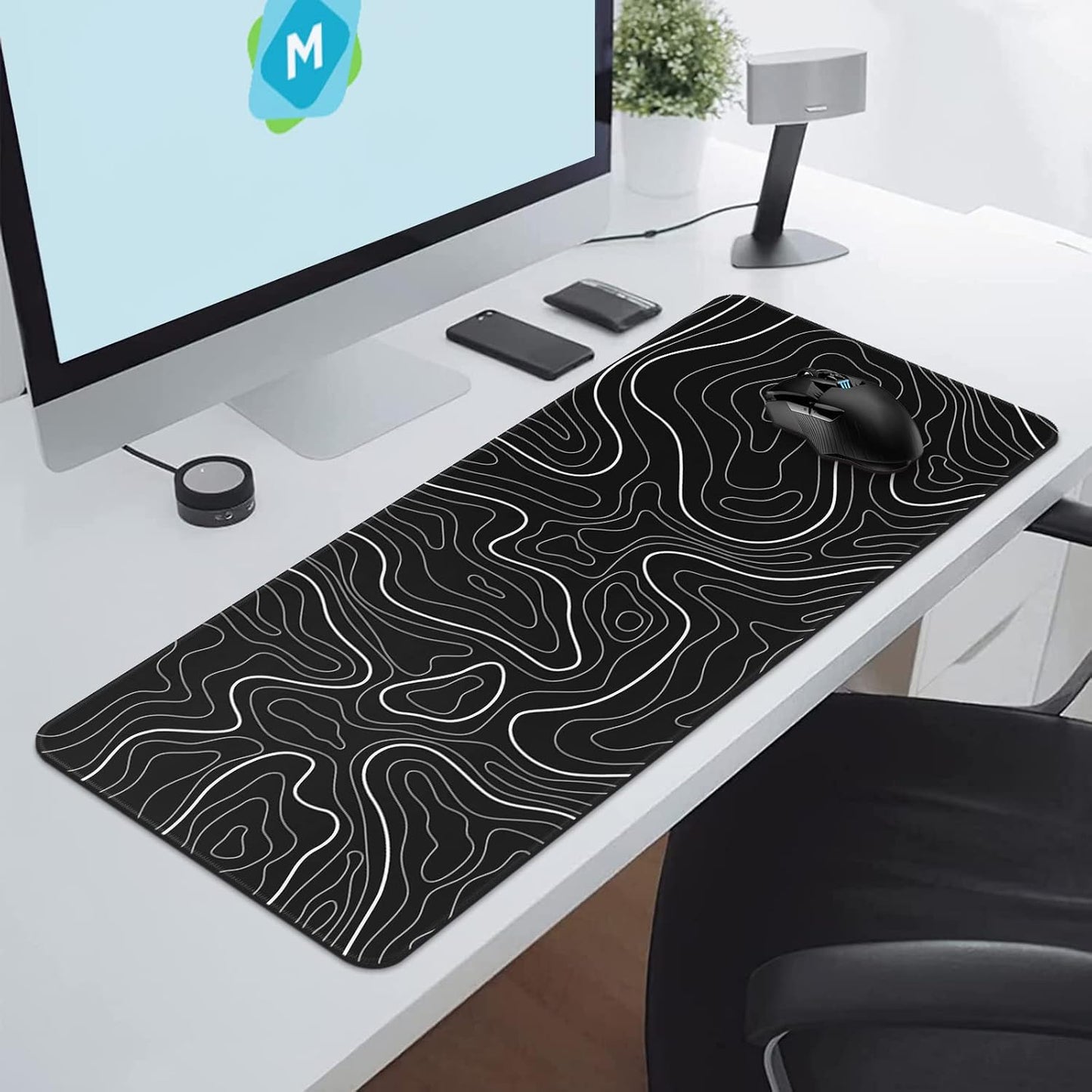 Mouse Pad Gaming Mousepad 31.5 X 11.8In Large Mouse Pad for Keyboard and Mouse with Anti-Slip Rubber Base, Keyboard Pad XL Mouse Mat for Home and Office（Black with White Topographic Line）