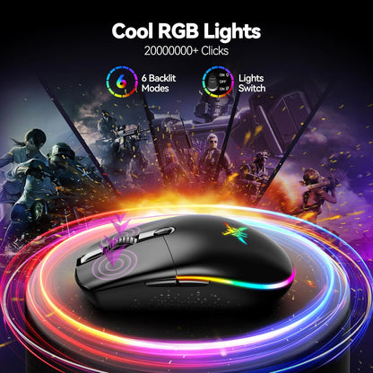 Wireless Gaming Mouse Rechargeable - 8000 DPI, Long-Lasting 100Hrs Battery, RGB Backlit, 6 Programmable Buttons, Dual Connectivity (2.4G + USB-C) for PC, Mac, Laptop - Black