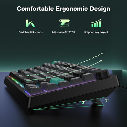 Gaming Keyboard, 75% Wired Keyboard, RGB Backlit, 82-Keys with Volume Knob Control, 26 Keys Anti-Ghosting, Whisper Quiet Gaming Switch Travel Friendly for Windows Laptop PC Mac-Grey