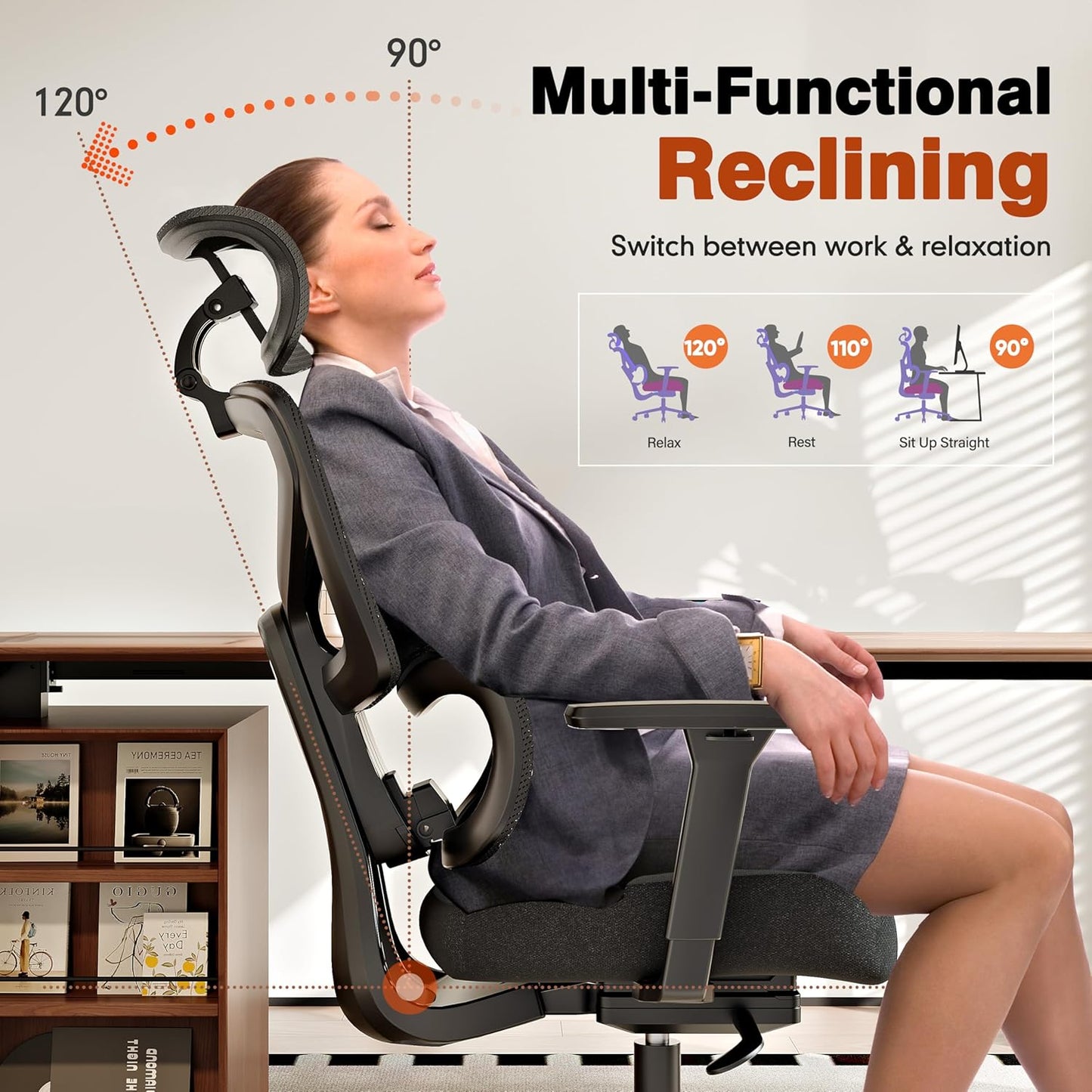 Ergonomic Office Chair, High Back Mesh Desk Chair with 4-Position Height Adjustable Back, 3D Armrests, Adaptive Lumbar Support, 3-Level Tilt Function, 3D Headrest, Comfy Computer Gaming Chairs