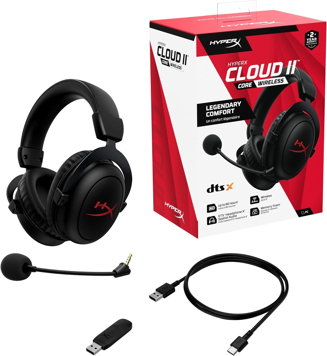 Cloud II Core Wireless - Gaming Headset for PC, DTS Headphone:X Spatial Audio, Memory Foam Ear Pads, Black