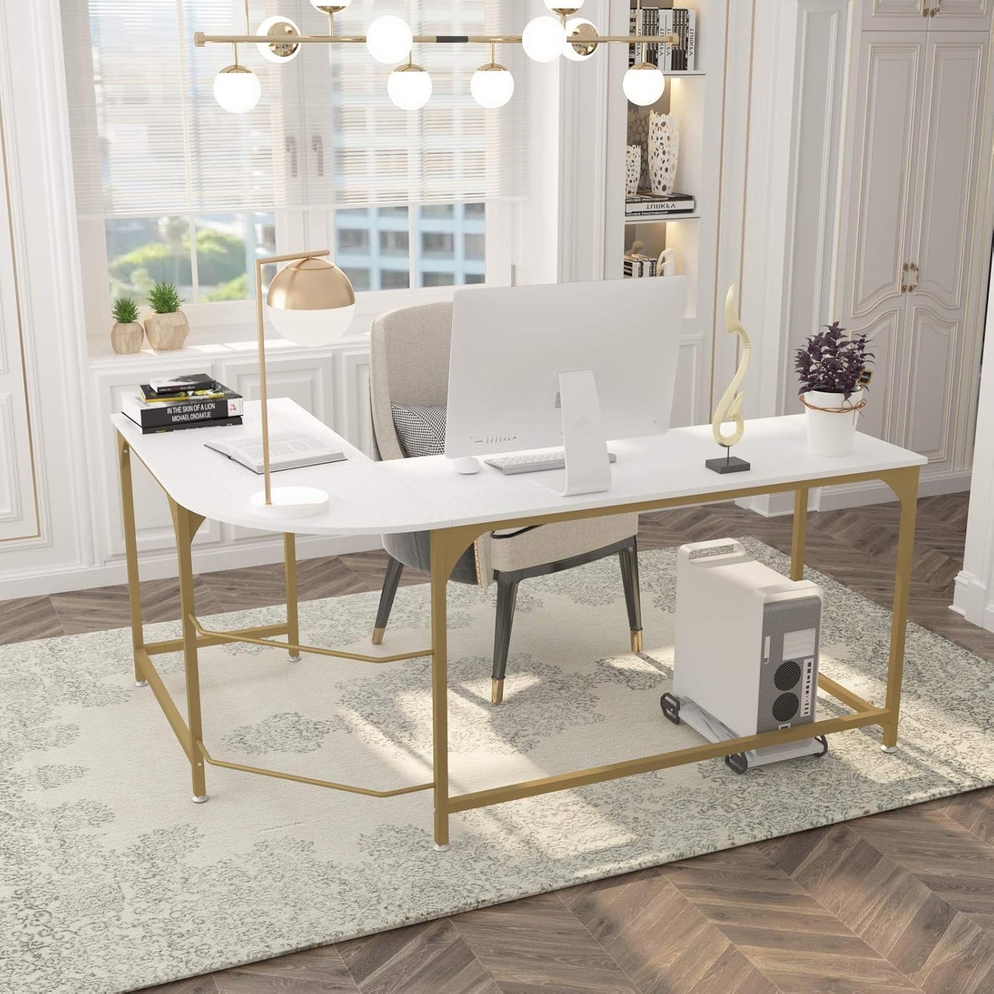 Reversible L Shaped Desk White - 57.9" Corner Gaming Computer Desk, Office Workstation Modern Home Study Writing Wooden Table