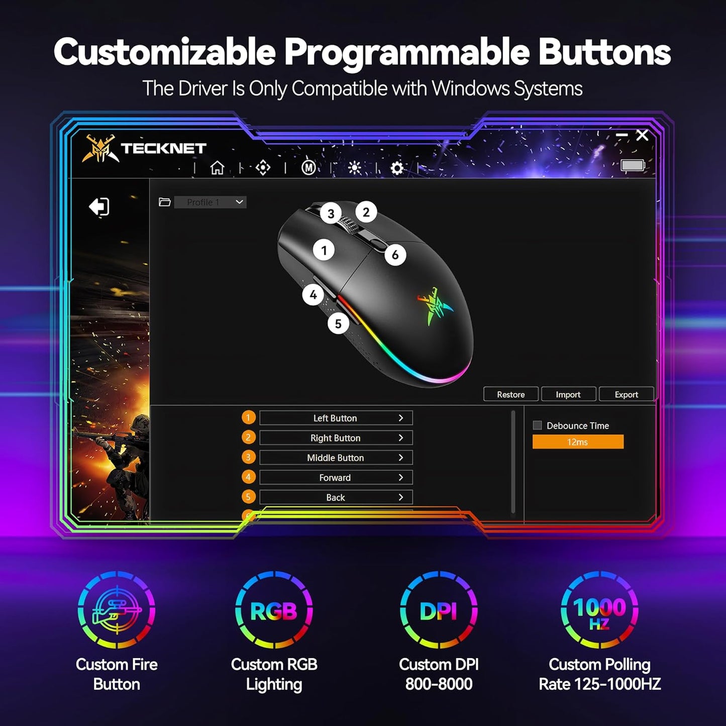 Wireless Gaming Mouse Rechargeable - 8000 DPI, Long-Lasting 100Hrs Battery, RGB Backlit, 6 Programmable Buttons, Dual Connectivity (2.4G + USB-C) for PC, Mac, Laptop - Black