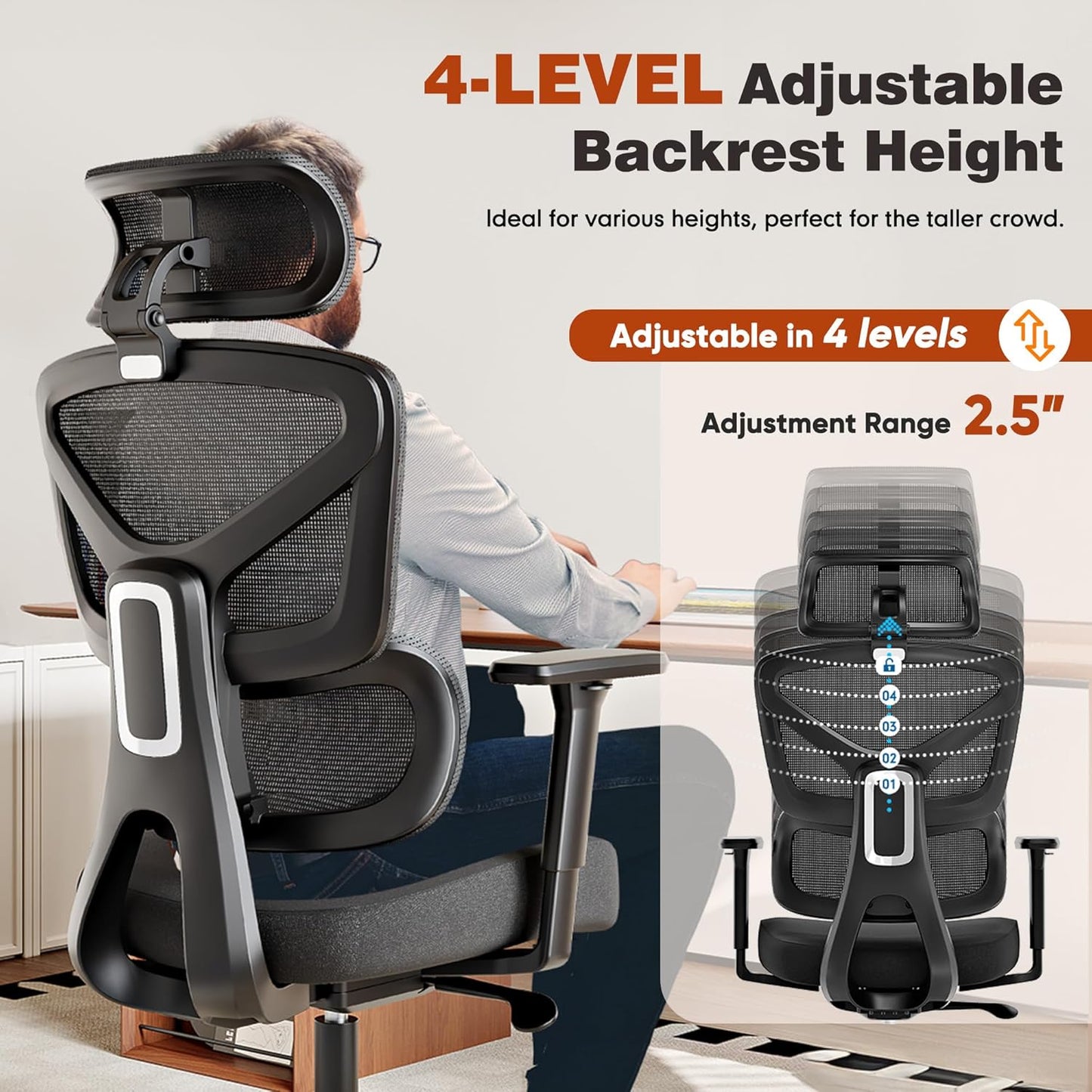 Ergonomic Office Chair, High Back Mesh Desk Chair with 4-Position Height Adjustable Back, 3D Armrests, Adaptive Lumbar Support, 3-Level Tilt Function, 3D Headrest, Comfy Computer Gaming Chairs