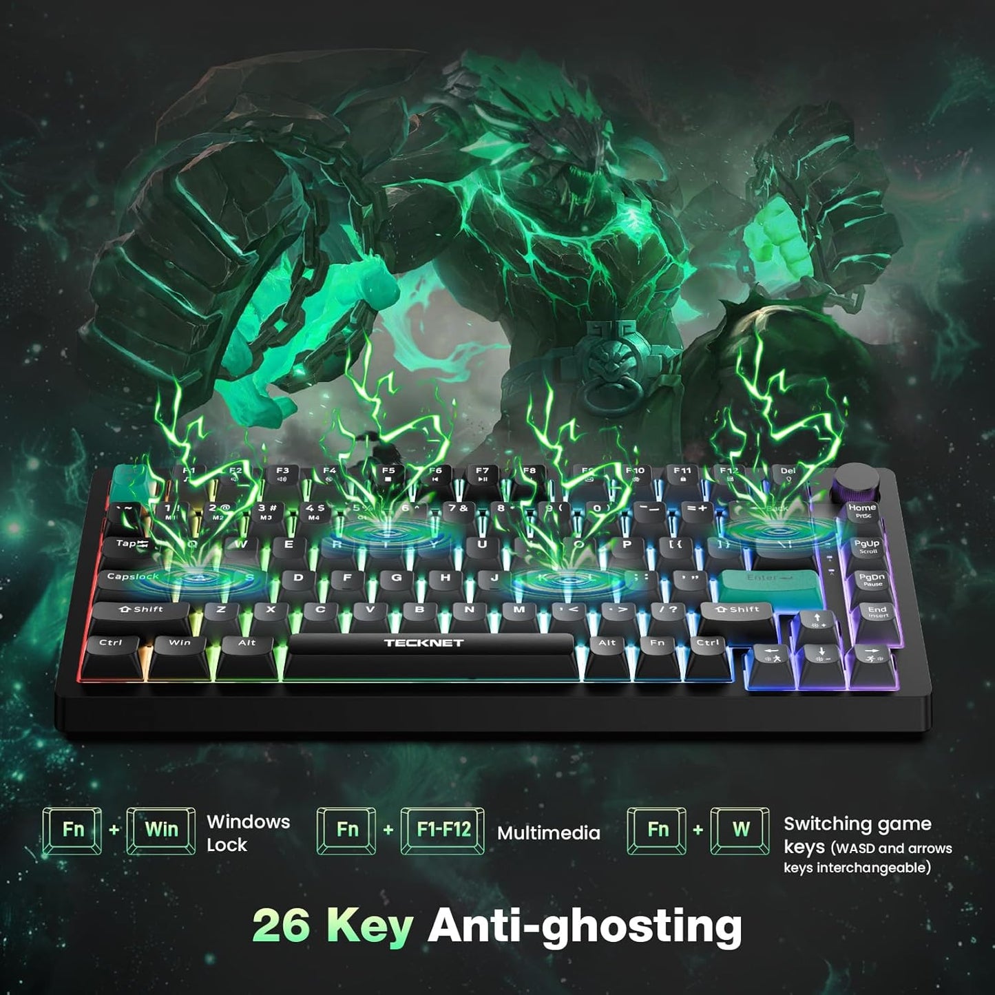 Gaming Keyboard, 75% Wired Keyboard, RGB Backlit, 82-Keys with Volume Knob Control, 26 Keys Anti-Ghosting, Whisper Quiet Gaming Switch Travel Friendly for Windows Laptop PC Mac-Grey