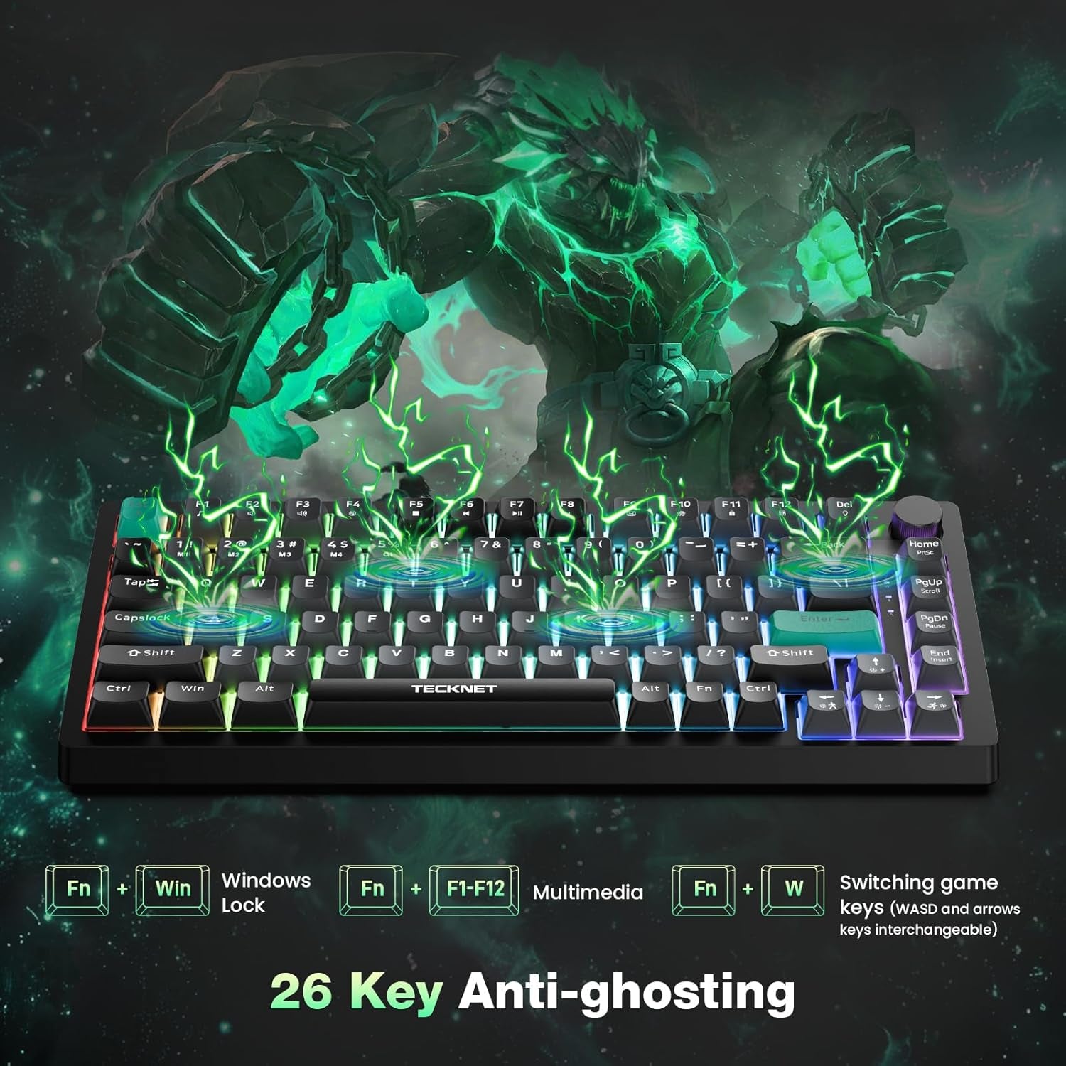 Gaming Keyboard, 75% Wired Keyboard, RGB Backlit, 82-Keys with Volume Knob Control, 26 Keys Anti-Ghosting, Whisper Quiet Gaming Switch Travel Friendly for Windows Laptop PC Mac-Grey