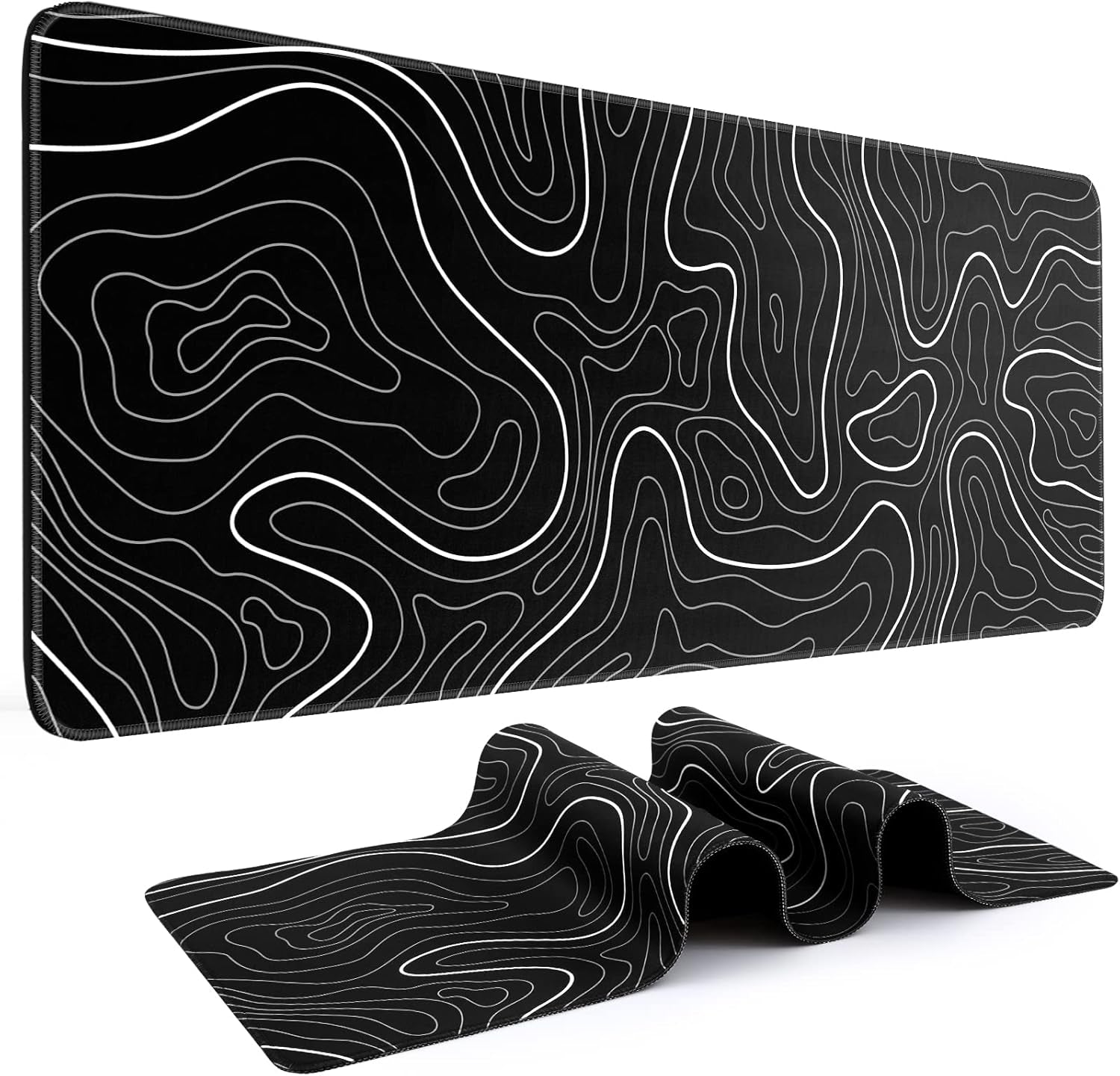Mouse Pad Gaming Mousepad 31.5 X 11.8In Large Mouse Pad for Keyboard and Mouse with Anti-Slip Rubber Base, Keyboard Pad XL Mouse Mat for Home and Office（Black with White Topographic Line）