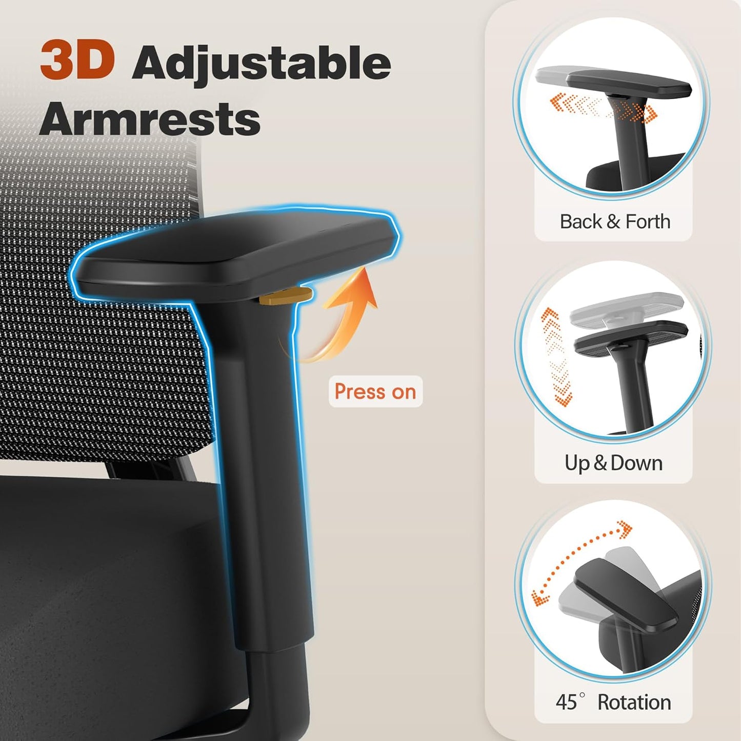 Ergonomic Office Chair, High Back Mesh Desk Chair with 4-Position Height Adjustable Back, 3D Armrests, Adaptive Lumbar Support, 3-Level Tilt Function, 3D Headrest, Comfy Computer Gaming Chairs