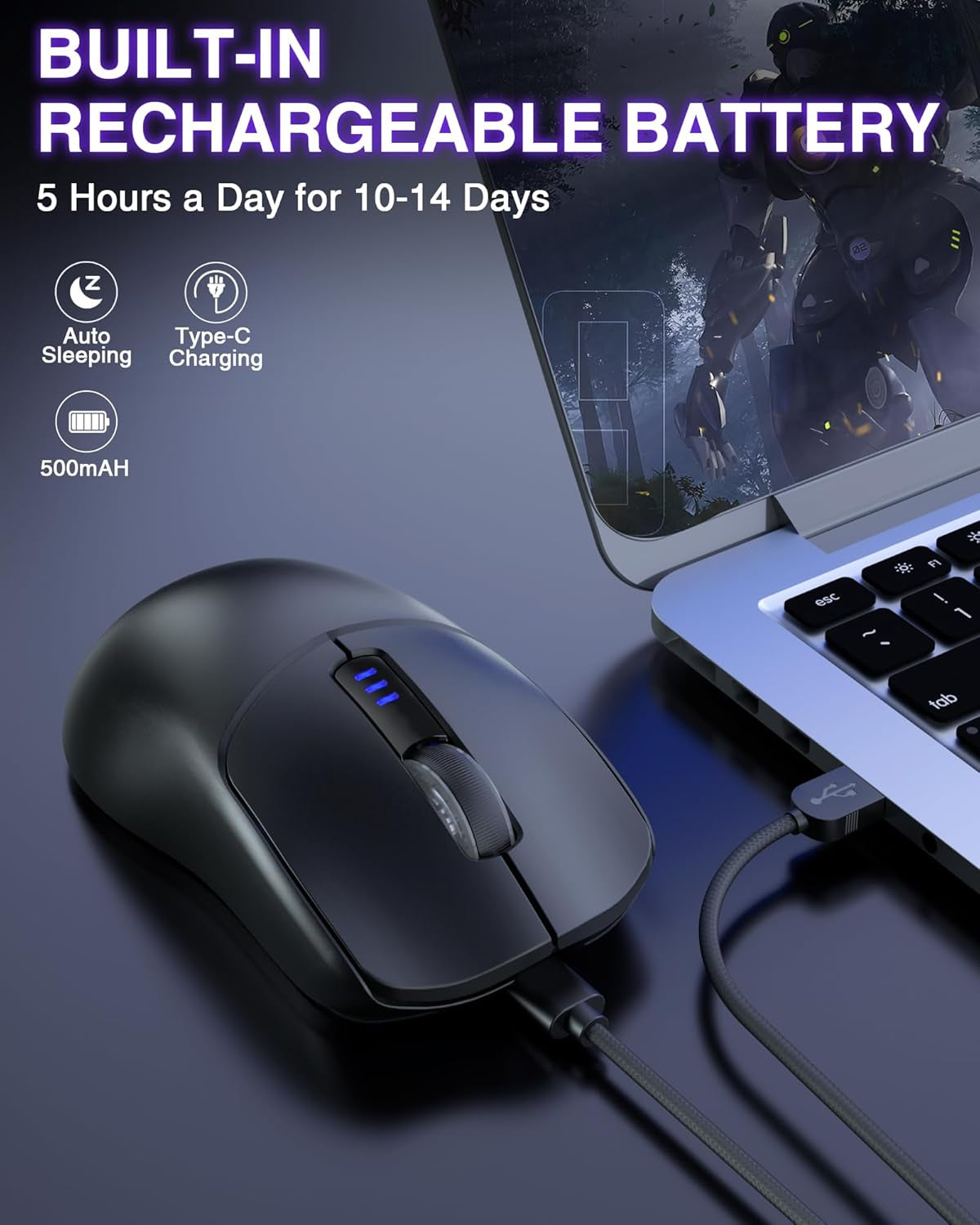 SC580 Wireless Gaming Mouse, Tri-Mode 2.4G/BT5.0/USB-C Gaming Mouse, 12000 DPI Rechargeable Wireless Mouse with 6 Programmable Buttons, Ergonomic Computer Mouse for Laptop/Pc/Mac/Tablet