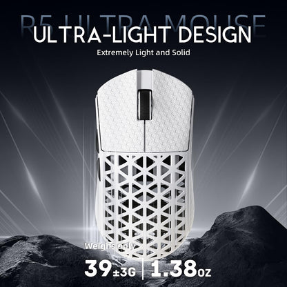 R5Ultra 8K Carbon Fiber Wireless Gaming Mouse with 42,000 DPI -PAW3950 MAX Sensor -Nordic 52840 MCU Chip-39G Ultra-Lightweight -Wired/Bt/2.4Ghz Wireless Programmable Mice Griptape for Pc/Mac(White)