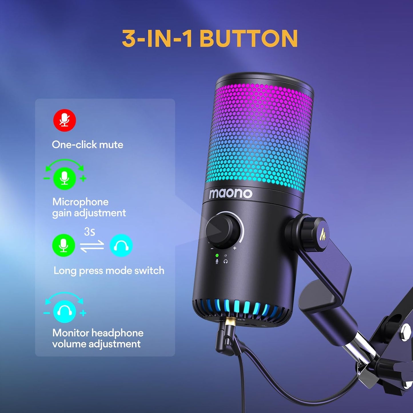Gaming USB Microphone with Software, Metal Programmable RGB Mic for Recording, Streaming, Podcast, PS5, PS4, PC, Computer, DM30 RGB