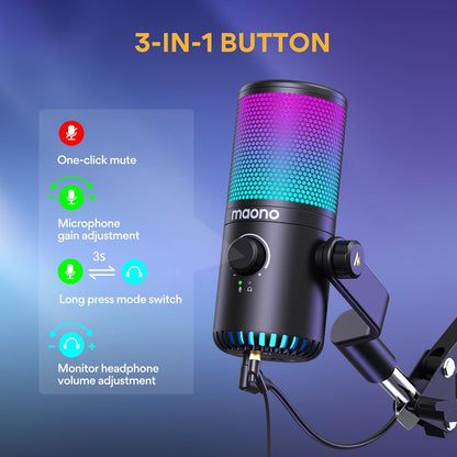 Gaming USB Microphone with Software, Metal Programmable RGB Mic for Recording, Streaming, Podcast, PS5, PS4, PC, Computer, DM30 RGB
