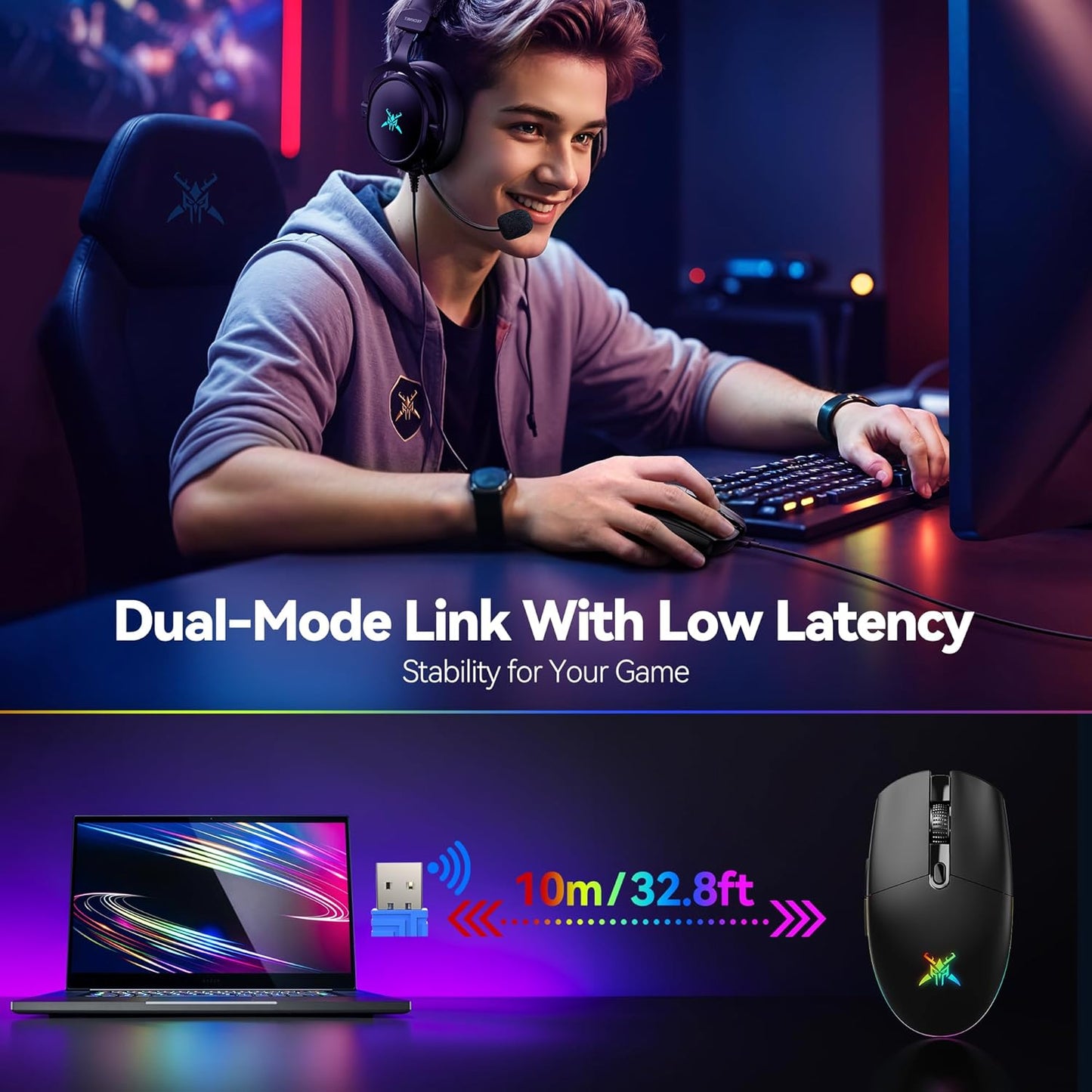 Wireless Gaming Mouse Rechargeable - 8000 DPI, Long-Lasting 100Hrs Battery, RGB Backlit, 6 Programmable Buttons, Dual Connectivity (2.4G + USB-C) for PC, Mac, Laptop - Black