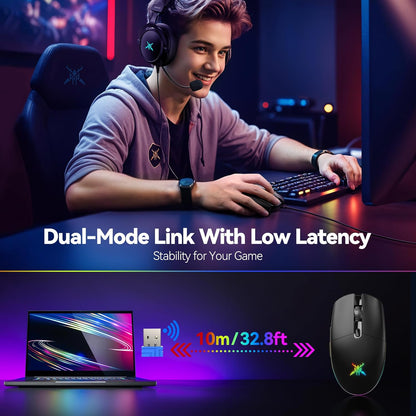 Wireless Gaming Mouse Rechargeable - 8000 DPI, Long-Lasting 100Hrs Battery, RGB Backlit, 6 Programmable Buttons, Dual Connectivity (2.4G + USB-C) for PC, Mac, Laptop - Black