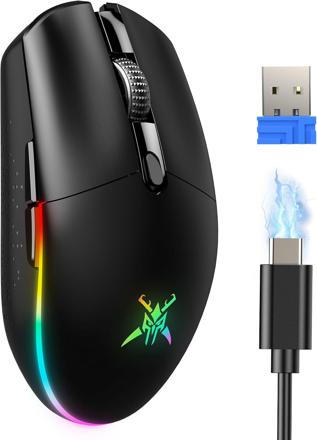 Wireless Gaming Mouse Rechargeable - 8000 DPI, Long-Lasting 100Hrs Battery, RGB Backlit, 6 Programmable Buttons, Dual Connectivity (2.4G + USB-C) for PC, Mac, Laptop - Black