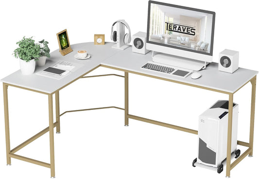 Reversible L Shaped Desk White - 57.9" Corner Gaming Computer Desk, Office Workstation Modern Home Study Writing Wooden Table