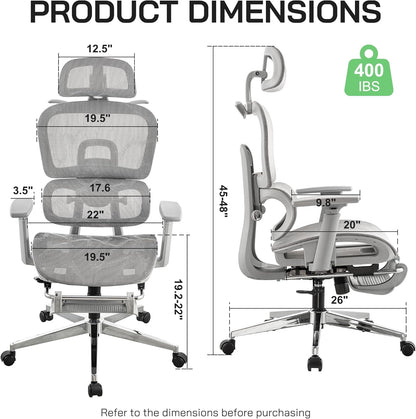 Mesh Ergonomic Office Chair with Footrest,High Back Mesh Gaming Chair with Lumbar Support,Adjustable Headrest and Armrests for Home Office Desk Chair (Modern, Grey)