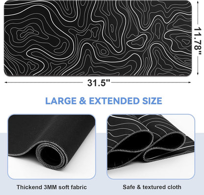 Mouse Pad Gaming Mousepad 31.5 X 11.8In Large Mouse Pad for Keyboard and Mouse with Anti-Slip Rubber Base, Keyboard Pad XL Mouse Mat for Home and Office（Black with White Topographic Line）