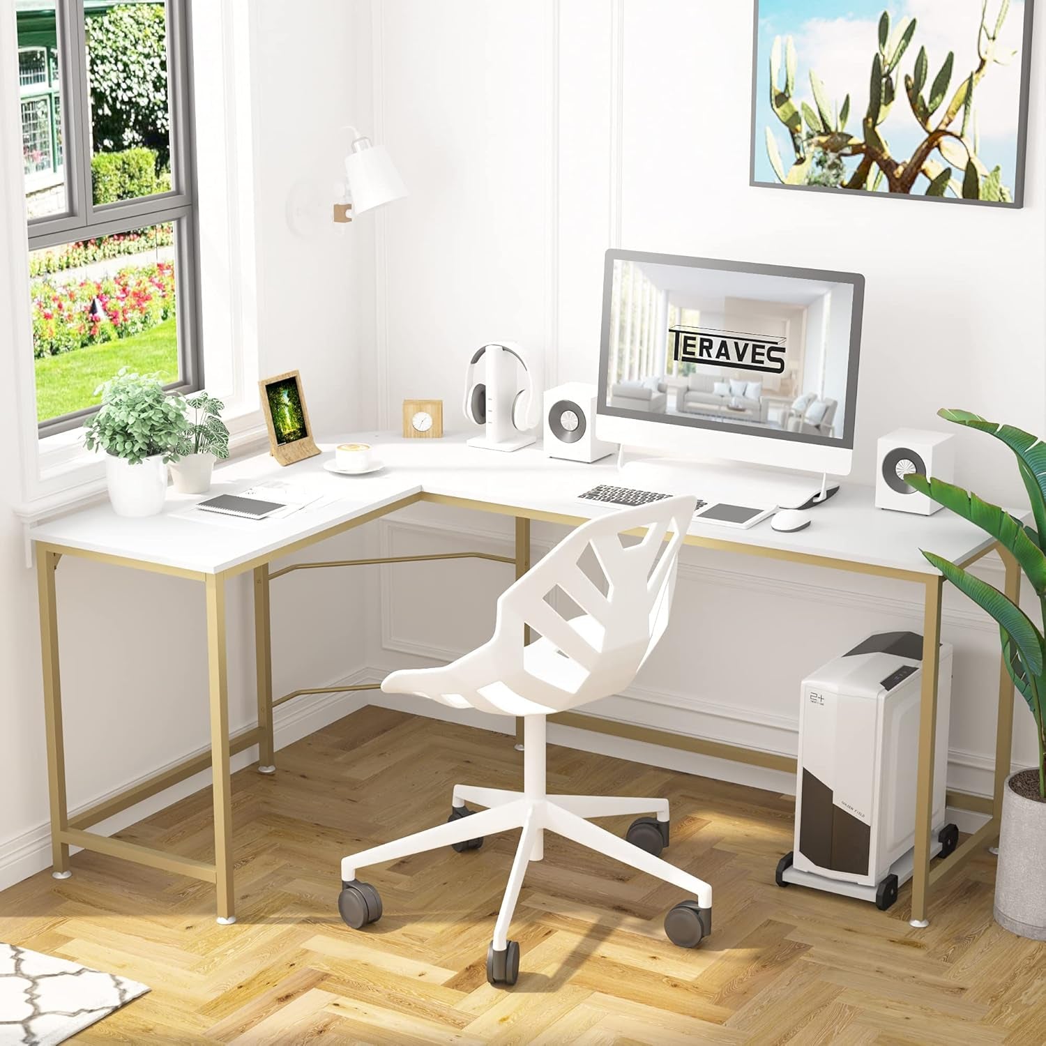 Reversible L Shaped Desk White - 57.9" Corner Gaming Computer Desk, Office Workstation Modern Home Study Writing Wooden Table