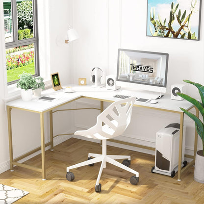Reversible L Shaped Desk White - 57.9" Corner Gaming Computer Desk, Office Workstation Modern Home Study Writing Wooden Table