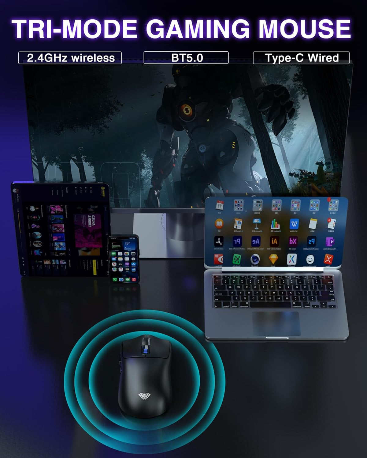 SC580 Wireless Gaming Mouse, Tri-Mode 2.4G/BT5.0/USB-C Gaming Mouse, 12000 DPI Rechargeable Wireless Mouse with 6 Programmable Buttons, Ergonomic Computer Mouse for Laptop/Pc/Mac/Tablet