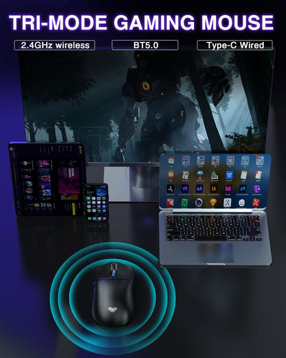 SC580 Wireless Gaming Mouse, Tri-Mode 2.4G/BT5.0/USB-C Gaming Mouse, 12000 DPI Rechargeable Wireless Mouse with 6 Programmable Buttons, Ergonomic Computer Mouse for Laptop/Pc/Mac/Tablet