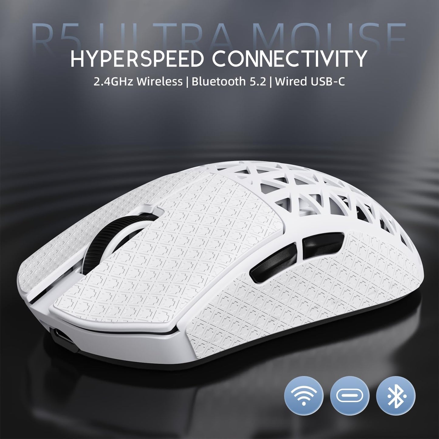 R5Ultra 8K Carbon Fiber Wireless Gaming Mouse with 42,000 DPI -PAW3950 MAX Sensor -Nordic 52840 MCU Chip-39G Ultra-Lightweight -Wired/Bt/2.4Ghz Wireless Programmable Mice Griptape for Pc/Mac(White)