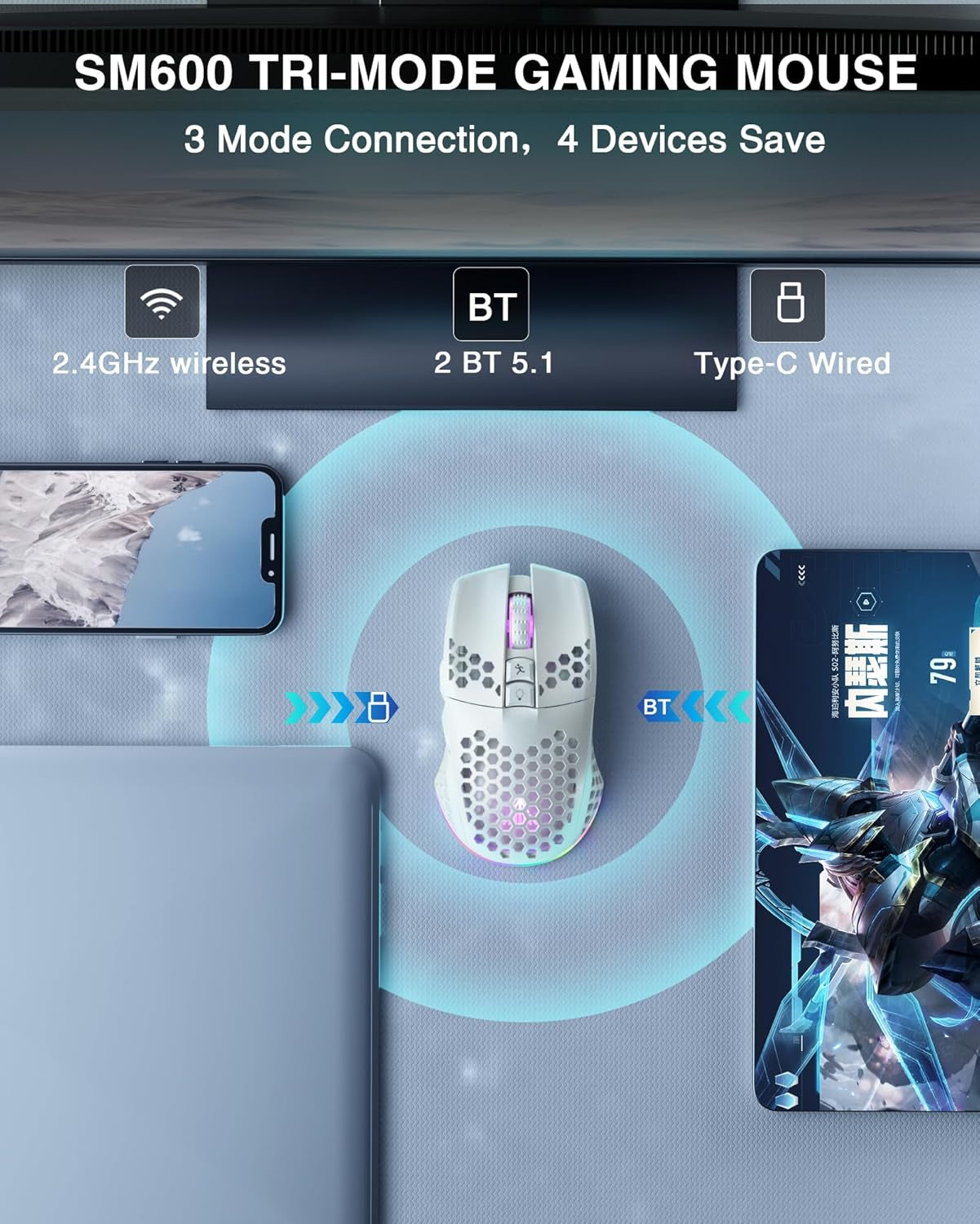 SM600 White Wireless Gaming Mouse,Tri-Modes Bt5.1/Type-C Wired/2.4G Wireless Mouse with 2 Side Buttons, Programmable Macro Gamer Mouse with RGB Light for Laptop/Pc/Mac