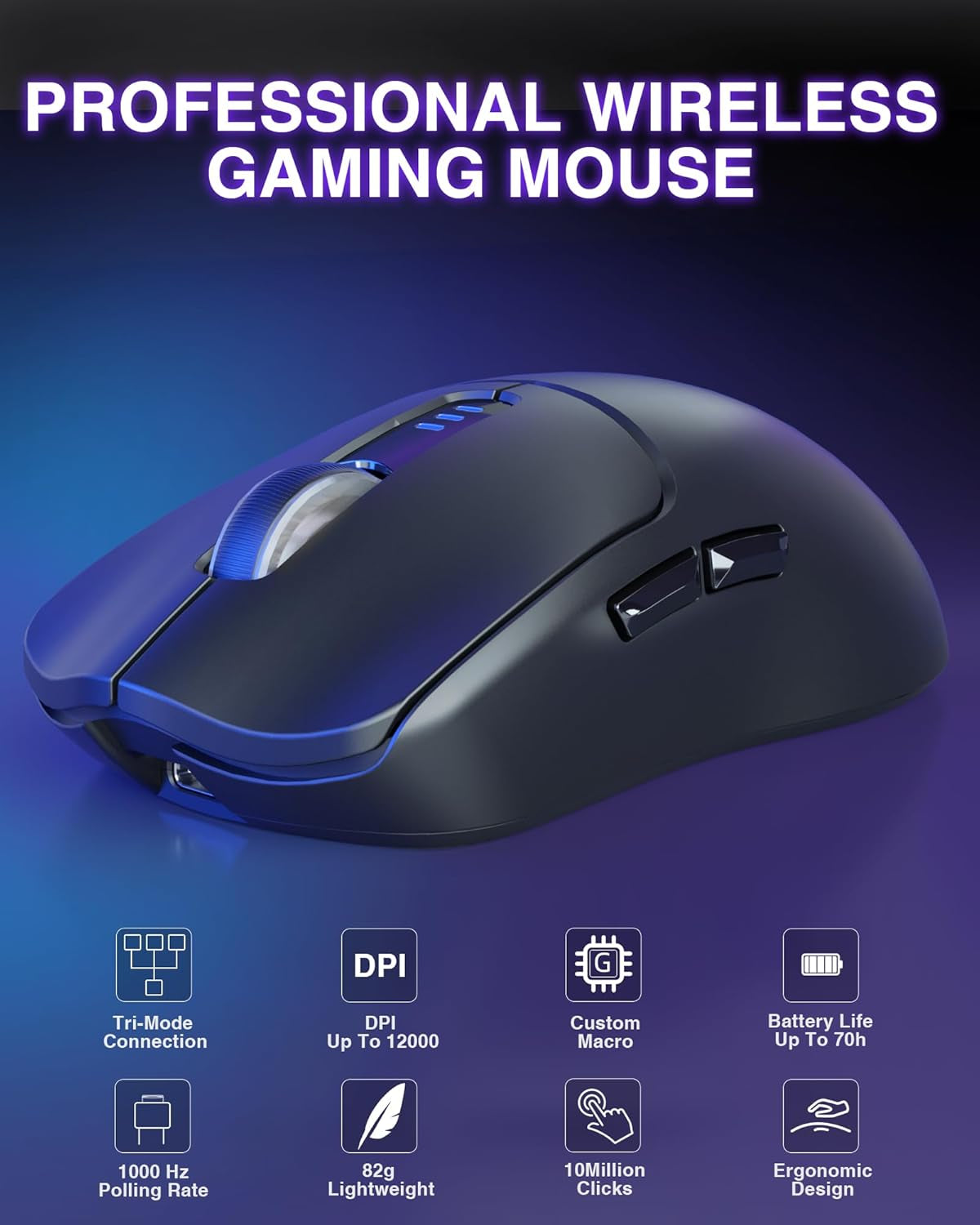 SC580 Wireless Gaming Mouse, Tri-Mode 2.4G/BT5.0/USB-C Gaming Mouse, 12000 DPI Rechargeable Wireless Mouse with 6 Programmable Buttons, Ergonomic Computer Mouse for Laptop/Pc/Mac/Tablet