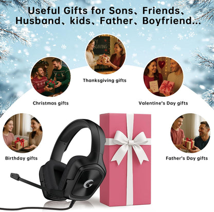 Gaming Headset for Ps5、Ps5Pro、Ps4、Xbox Series X、Xbox Series S/One、Pc Headset with Clear Mic for Work 𝟐𝟎𝟐𝟓 𝐔𝐩𝐠𝐫𝐚𝐝𝐞 PC Gaming Headphones with Mic、3.5Mm Splitter、79In Cable, 207G. Gamer Gifts