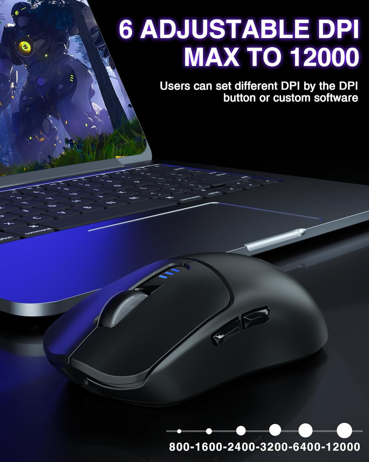 SC580 Wireless Gaming Mouse, Tri-Mode 2.4G/BT5.0/USB-C Gaming Mouse, 12000 DPI Rechargeable Wireless Mouse with 6 Programmable Buttons, Ergonomic Computer Mouse for Laptop/Pc/Mac/Tablet