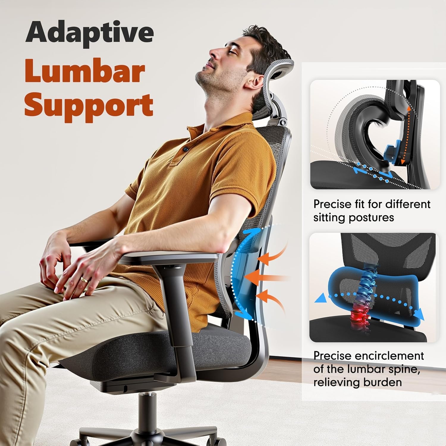 Ergonomic Office Chair, High Back Mesh Desk Chair with 4-Position Height Adjustable Back, 3D Armrests, Adaptive Lumbar Support, 3-Level Tilt Function, 3D Headrest, Comfy Computer Gaming Chairs