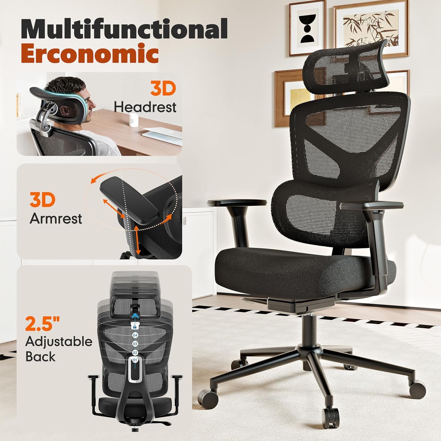 Ergonomic Office Chair, High Back Mesh Desk Chair with 4-Position Height Adjustable Back, 3D Armrests, Adaptive Lumbar Support, 3-Level Tilt Function, 3D Headrest, Comfy Computer Gaming Chairs