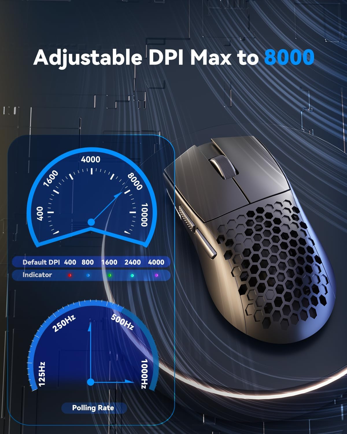 M725 Honeycomb Shell Gaming Mouse Wireless, Ultra Lightweight 49G, 8000 DPI Tri-Mode Bt5.1/2.4Ghz/Type-C Wired Gamer Mouse with 2 Side Buttons, Macro Programmable for Pc/Mac/Laptop, Black